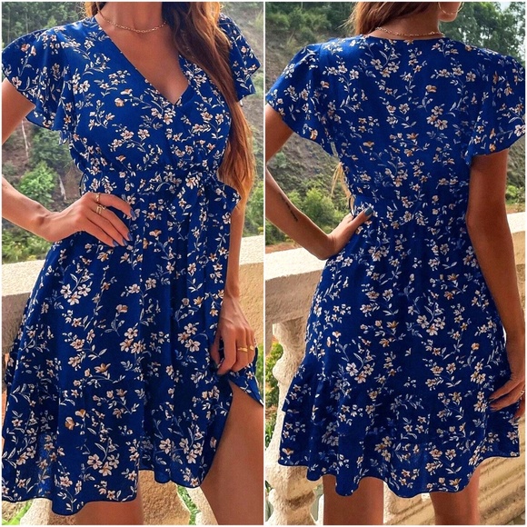 Boho Navy Blue Floral Lace Butterfly Sleeve Belted Mini Dress - Picture 5 of 13